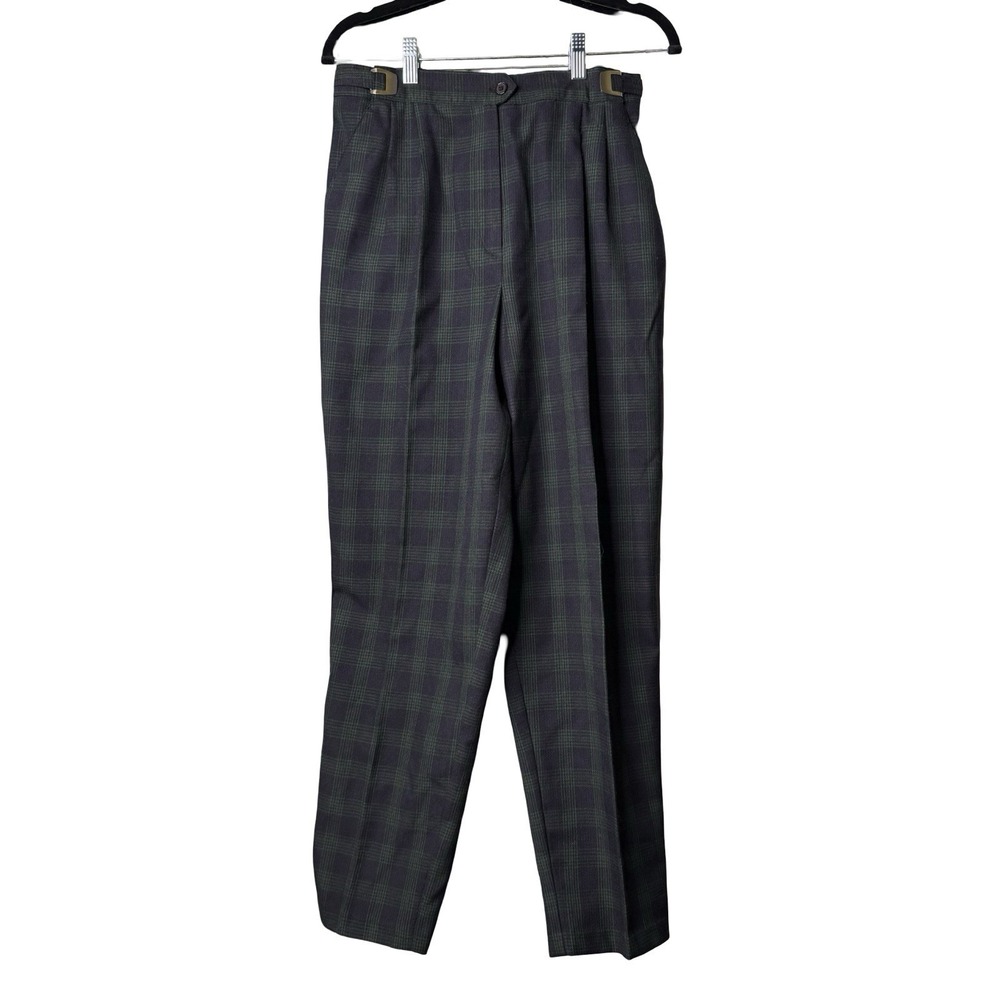 Part One Petites Womens Size 10 Black Green Plaid Pleated Dress Pants Side Tabs